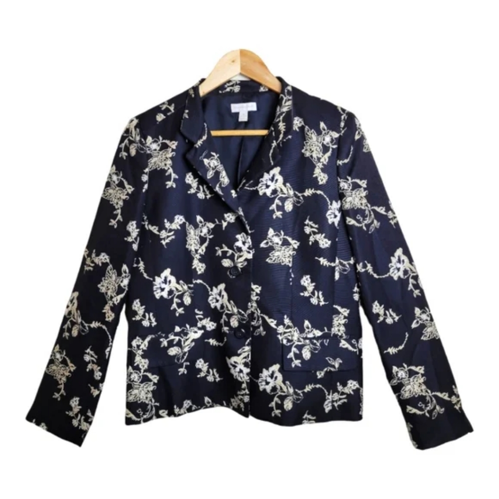 Charter Club 100% Silk Floral Blazer Black Cream Oriental Size 10